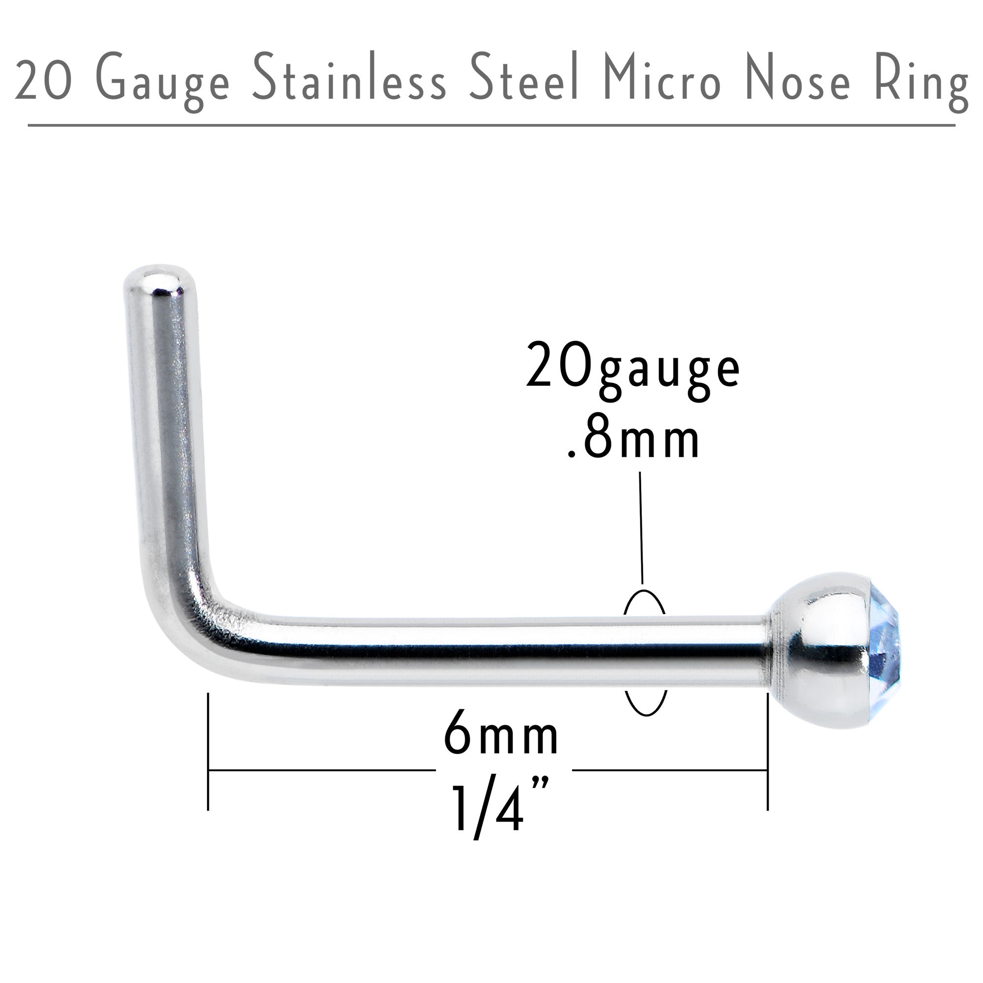 20G Stainless Steel Light Blue Gem Micro Nose Ring L-Shaped
