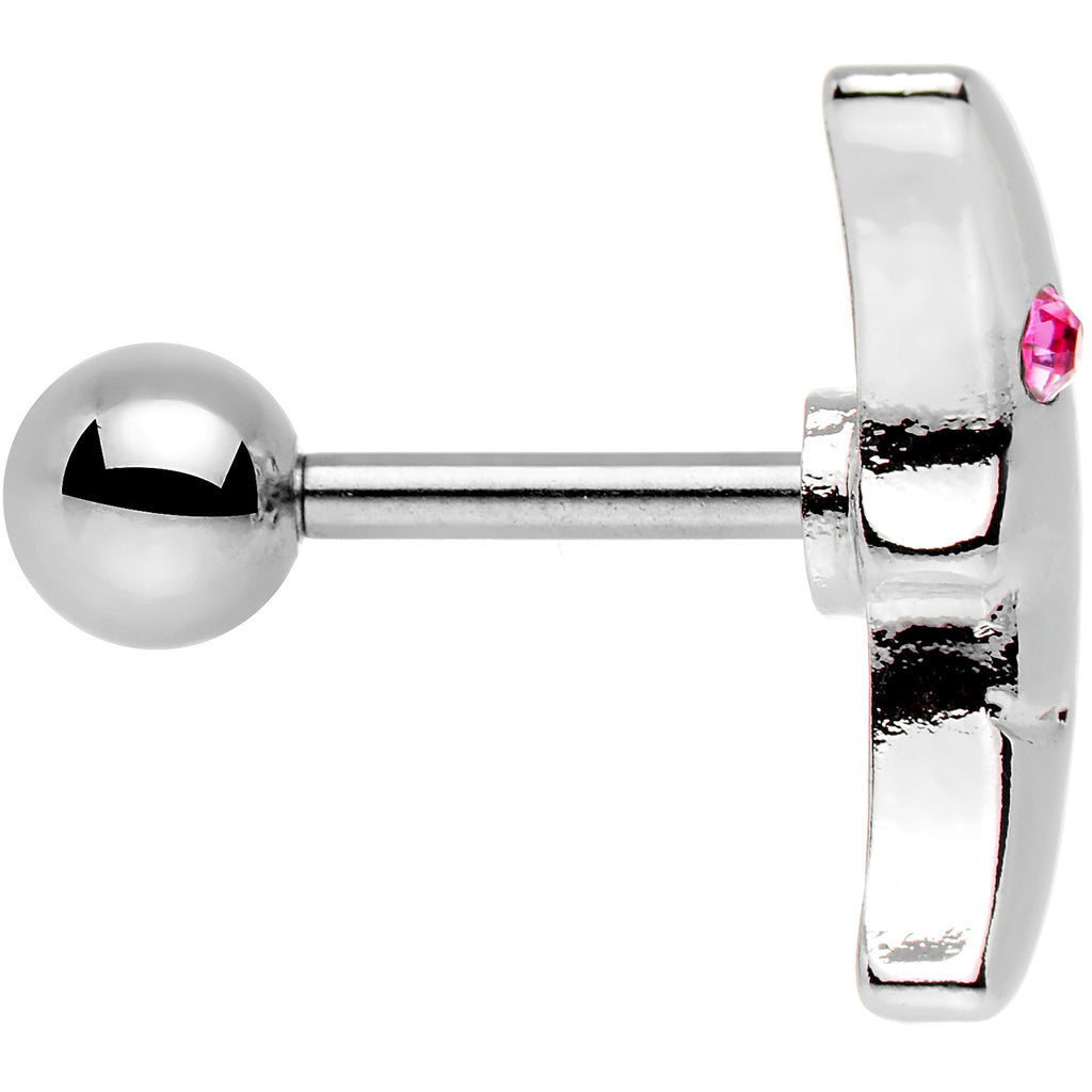16G 1/4 Pink Gem Steel Crescent Moon Left Cartilage Earring