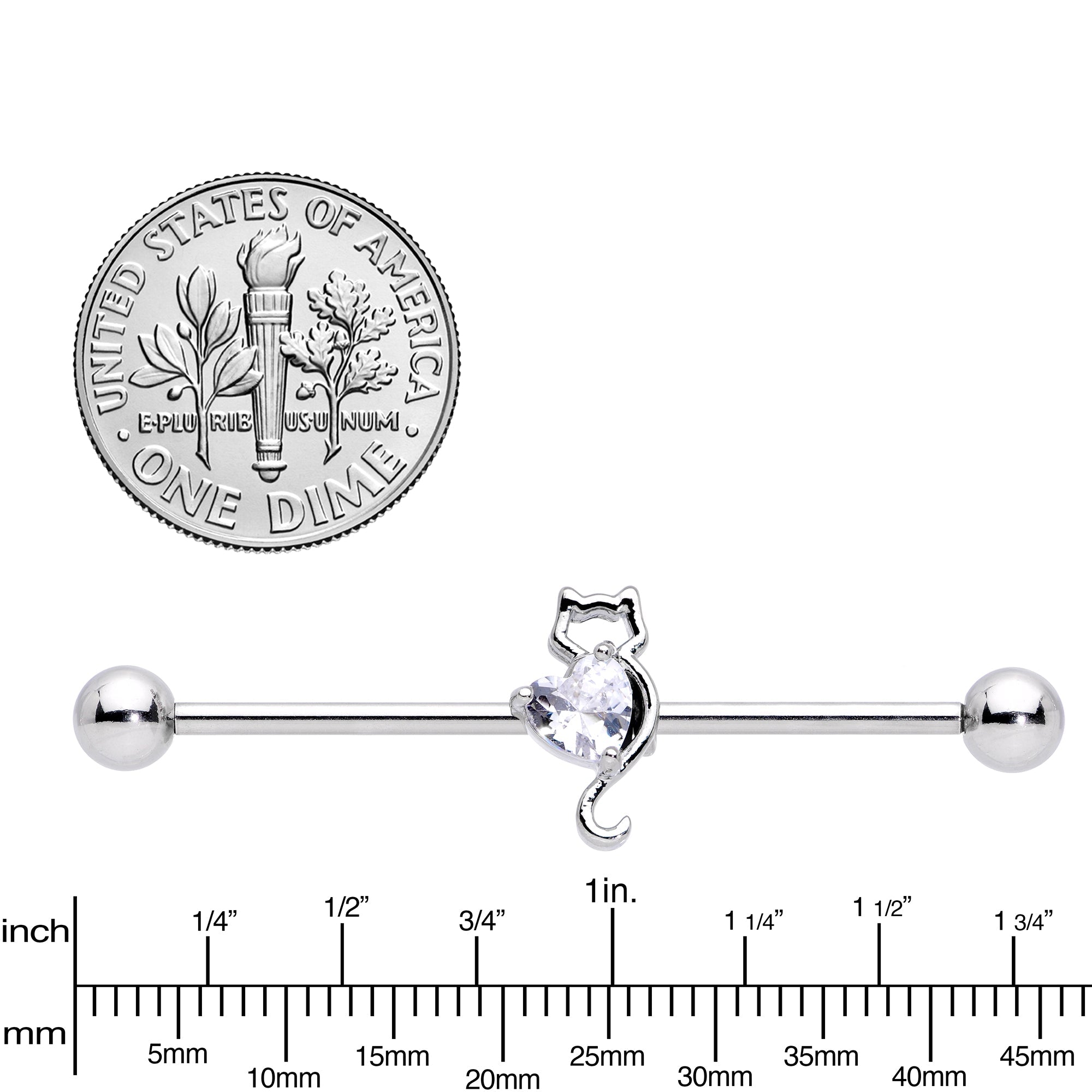 14G Clear Gem I Heart Kitty Cat Cats Industrial Barbell 38mm