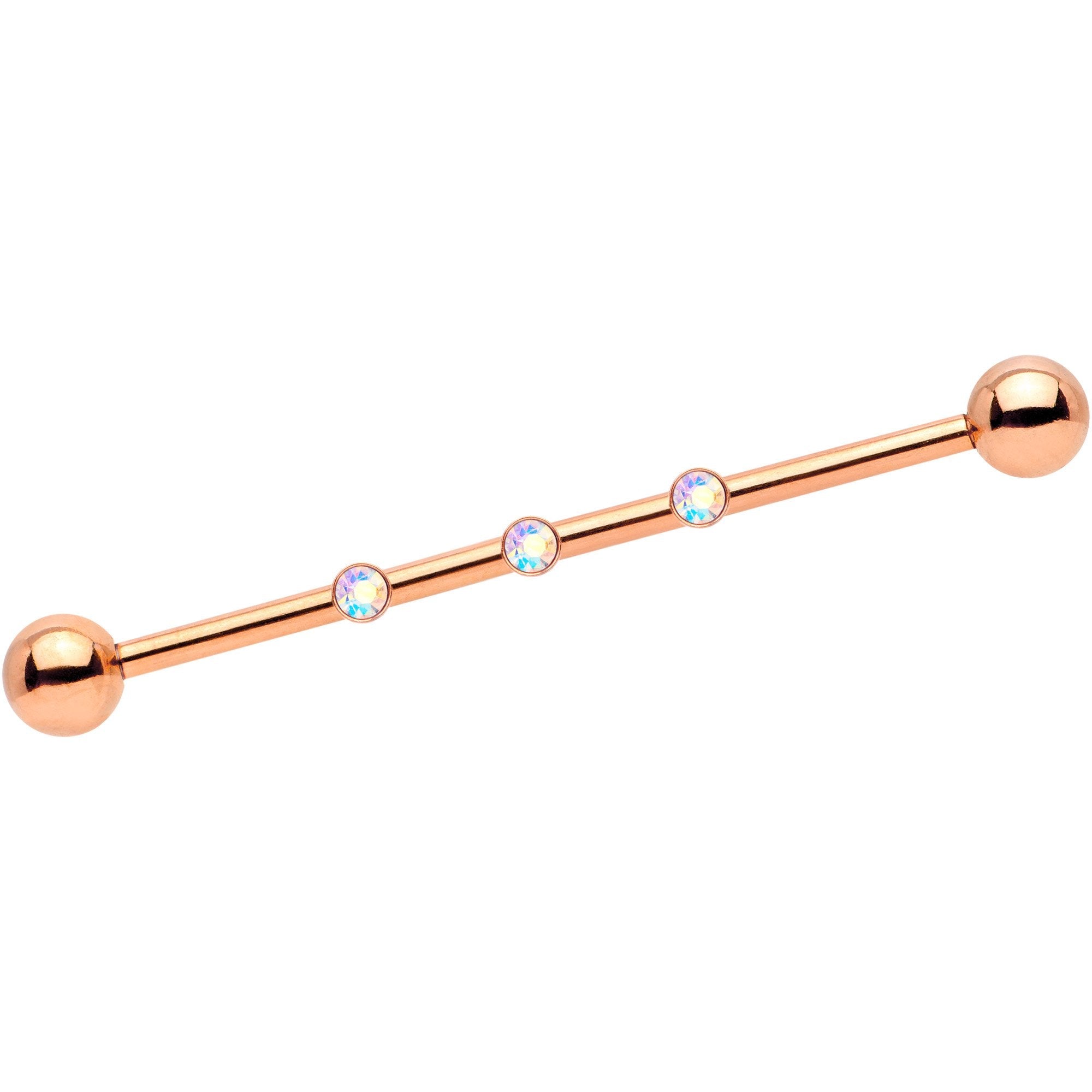 14G Aurora Gem Rose Gold IP Triplet Industrial Barbell 35mm