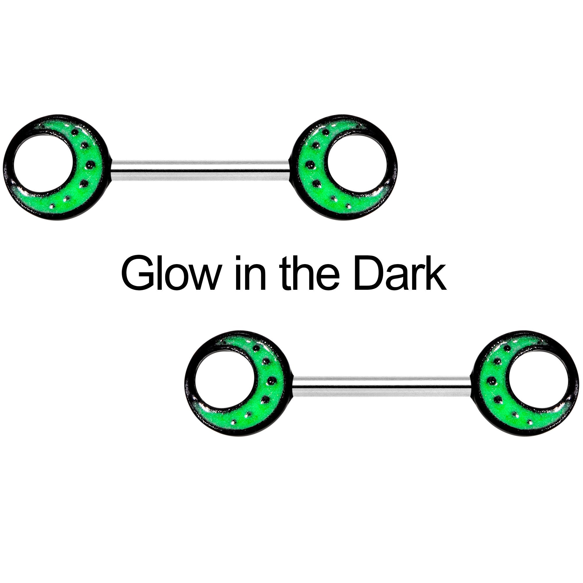 14G 9/16 Glow in the Dark Green Moon Barbell Nipple Ring Set