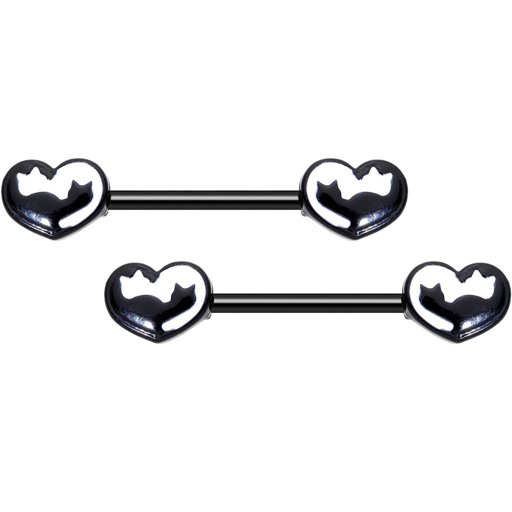 14G 9/16 Black White Silhouette Cat Lover Barbell Nipple Ring Set