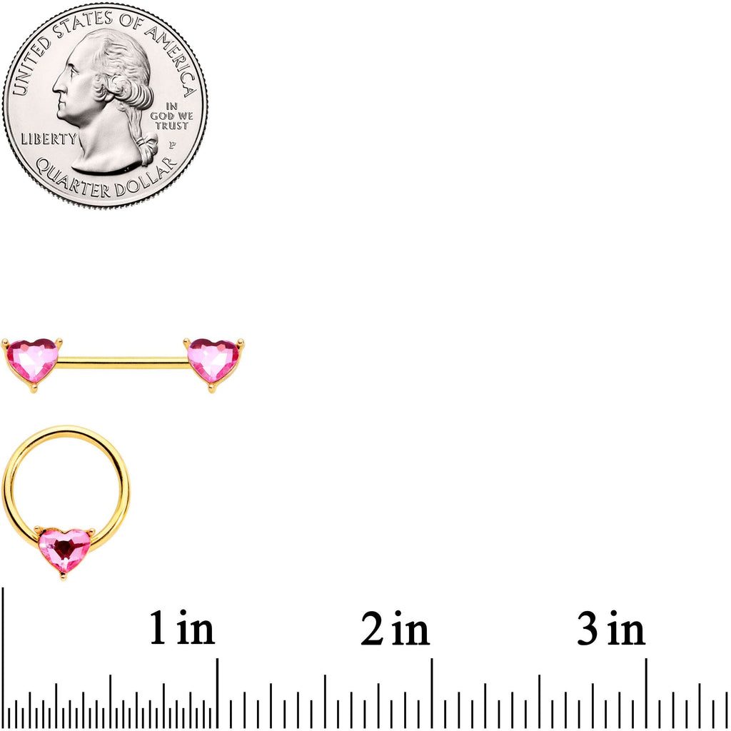 14G Pink Heart Gem Gold Tone BCR Nipple Ring Set