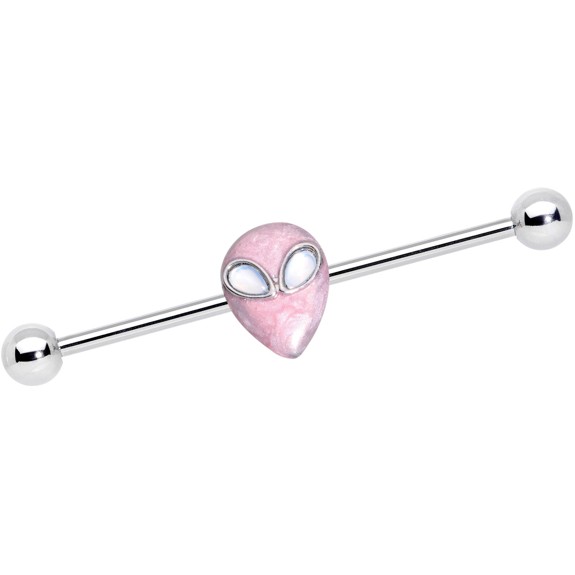 14G White Faux Opal Pink Alien Invader Industrial Barbell 38mm