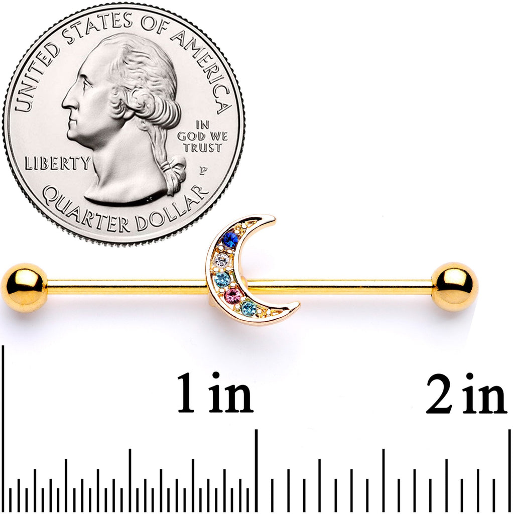 14G Multicolor Gem Gold Tone Moon Industrial Barbell 38mm