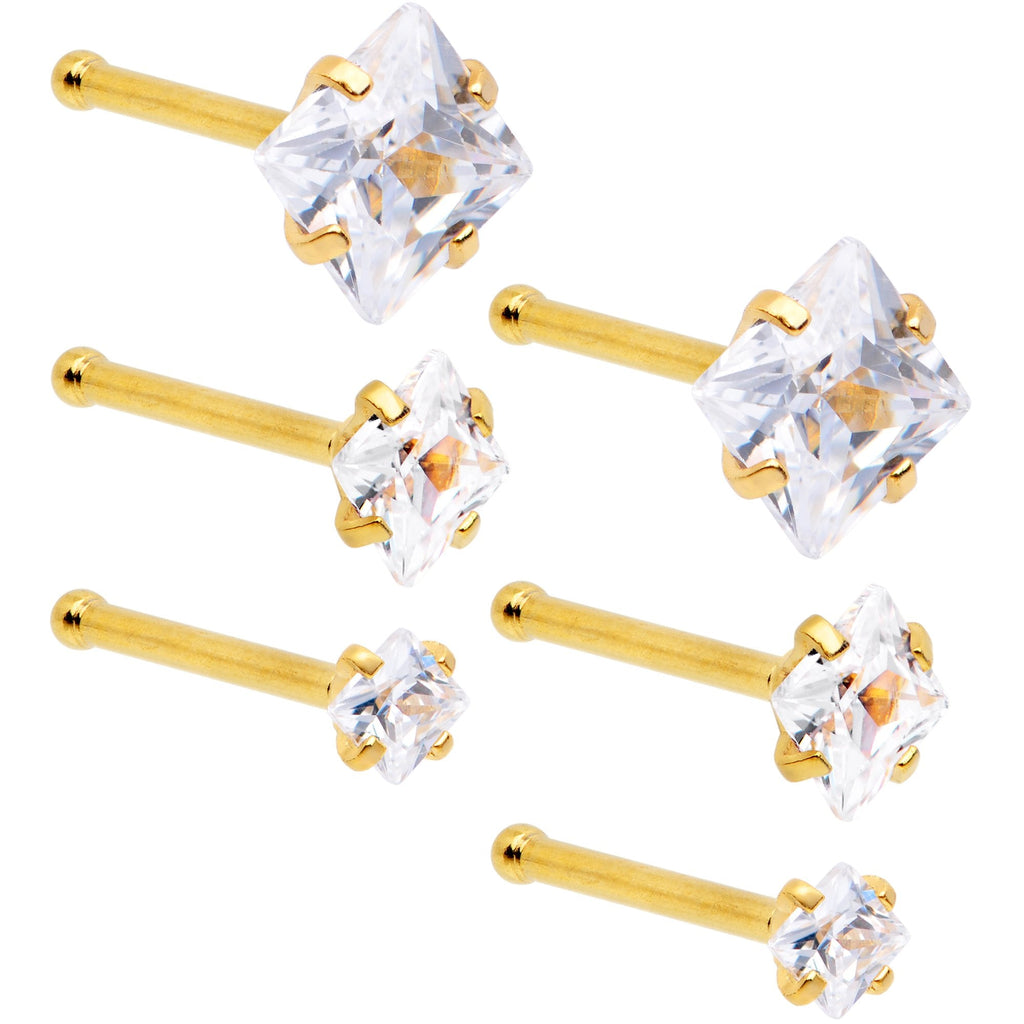 20G 1/4 Clear Square Gem Gold Tone Nose Bone Set of 6