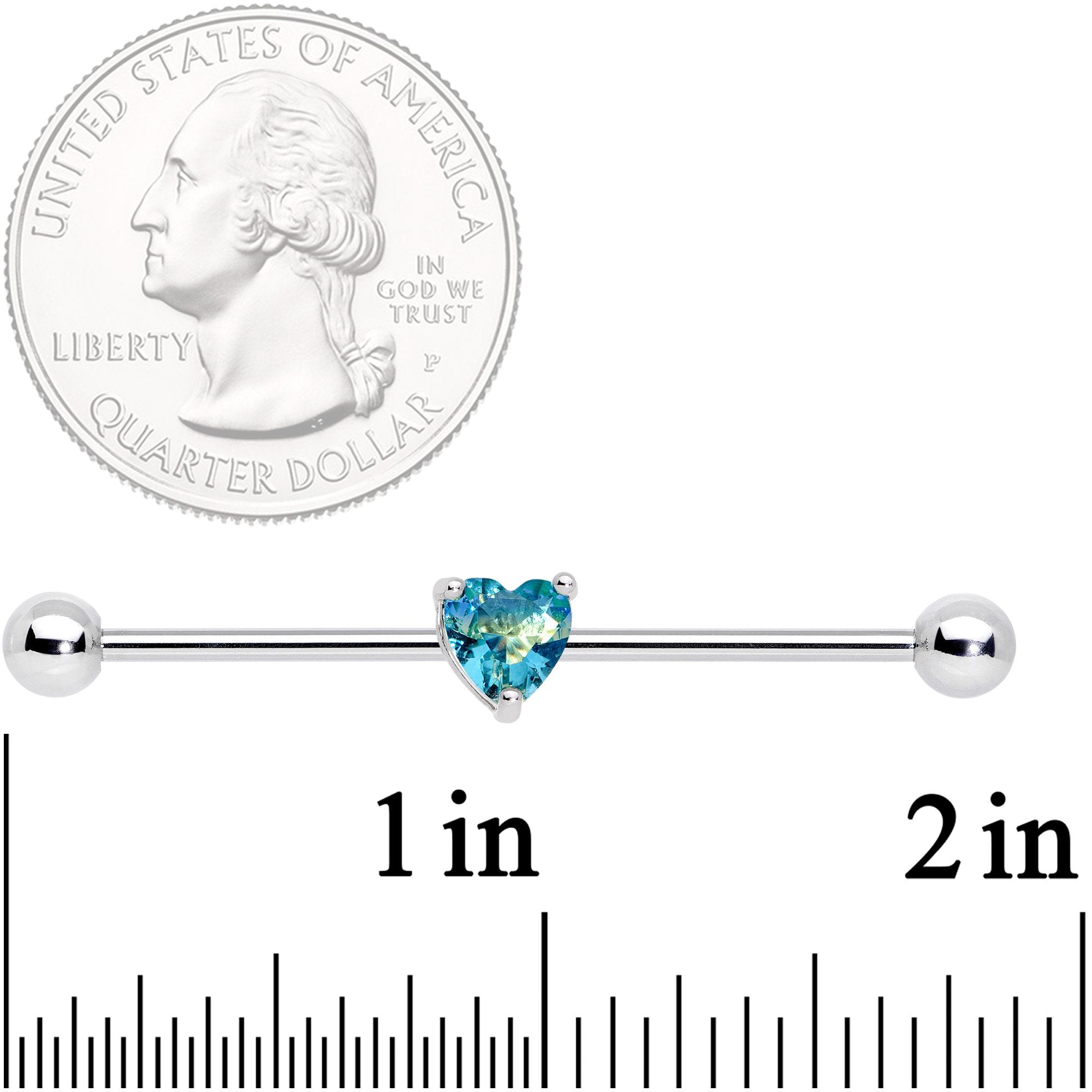 14G Blue Green Gem Faceted Heart Industrial Barbell 38mm
