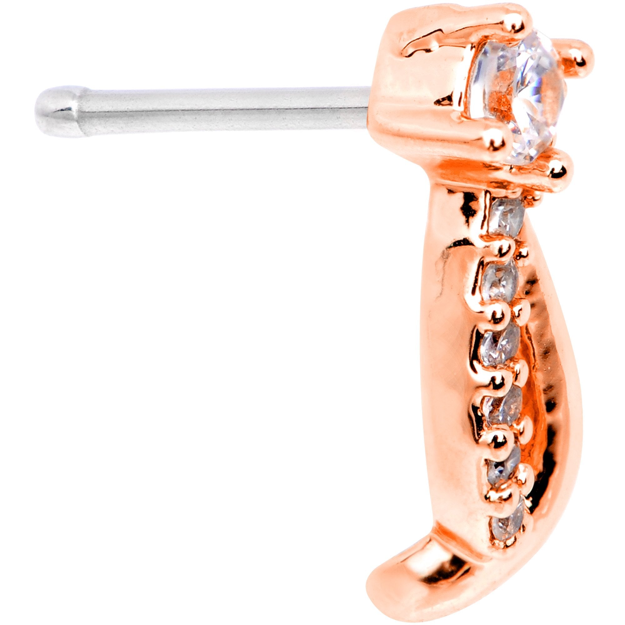 20G 1/4 Clear CZ Rose Gold Tone Twining Strands Nose Bone