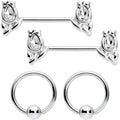 14G 7/16 1/2 Clear Gem Flowers BCR Barbell Nipple Ring Set of 4