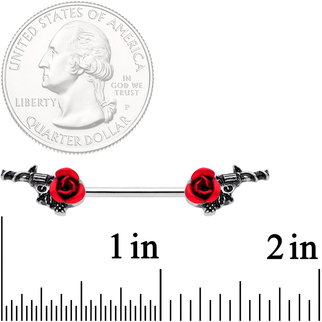 14G 9/16 Red Rose Flower and Gun Barbell Nipple Ring Set