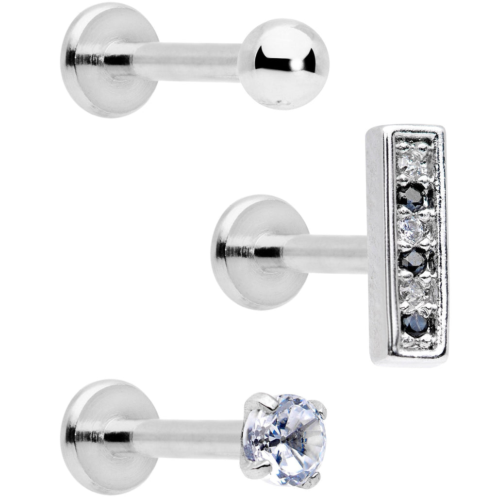 16G 5/16 Clear Black CZ Bar Internally Threaded Labret Set of 3
