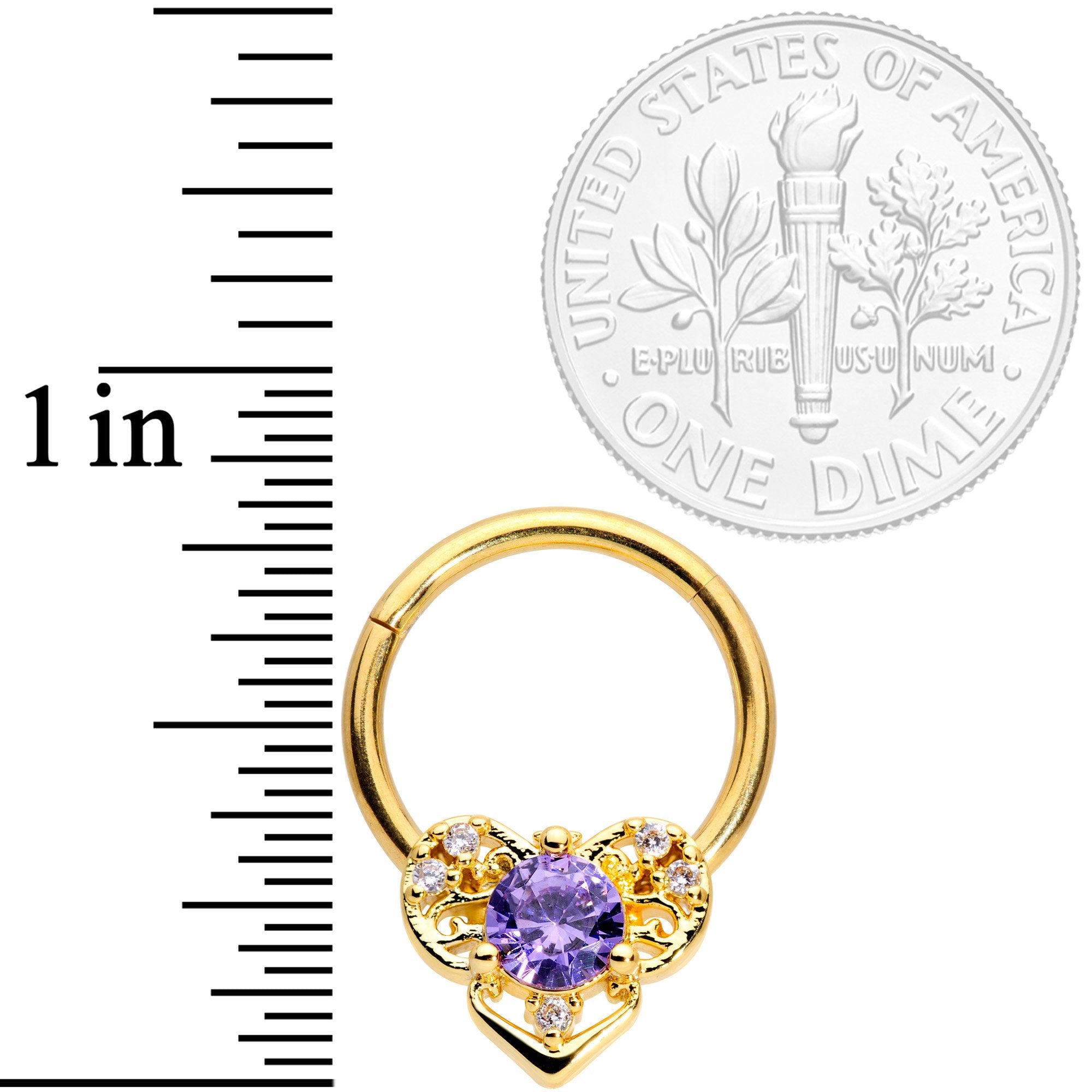 16G 3/8 Purple CZ Gold Tone Abstract Heart Hinged Segment Ring