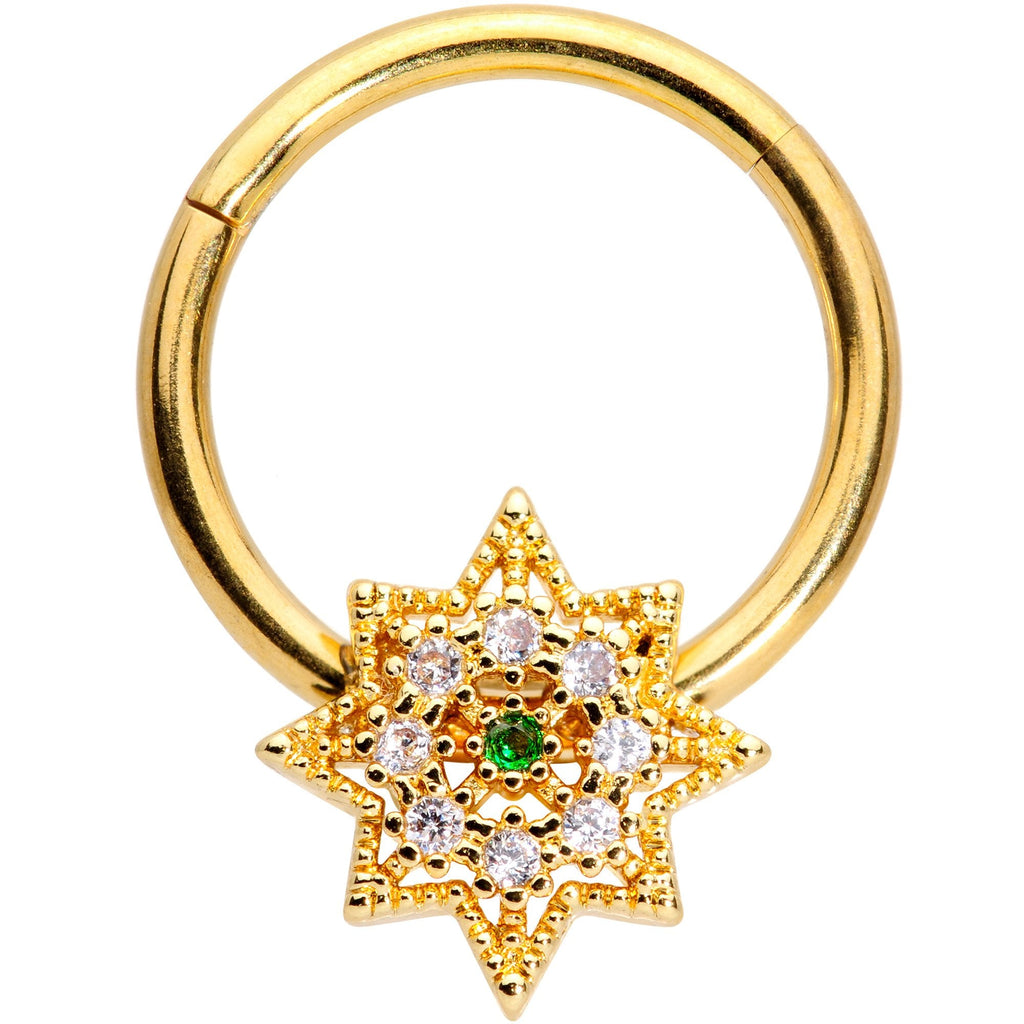 16G 3/8 Clear CZ Gem Gold Tone Octagon Hinged Segment Ring