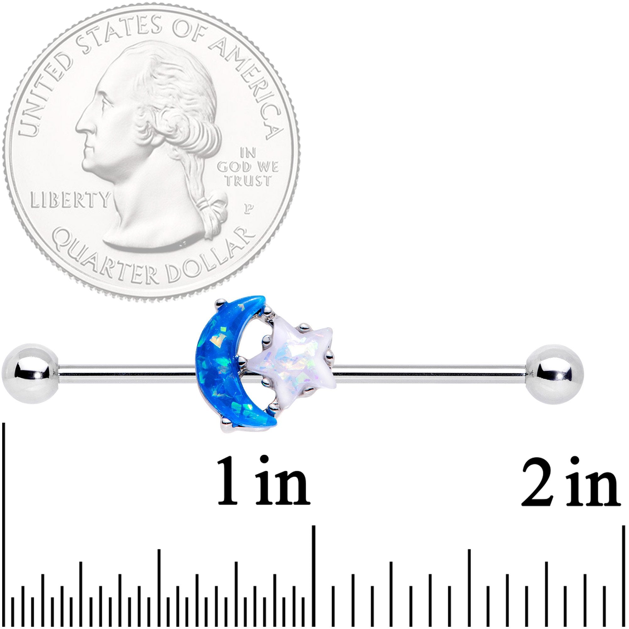14G Blue White Faux Opal Starry Moon Industrial Barbell 38mm