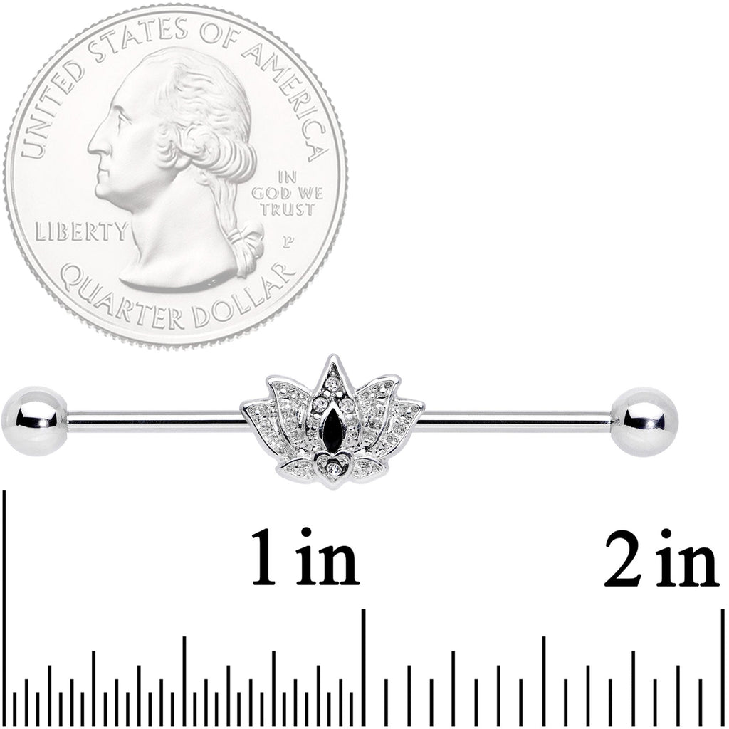 14G Clear Black Gem Crown Lotus Flower Industrial Barbell 38mm