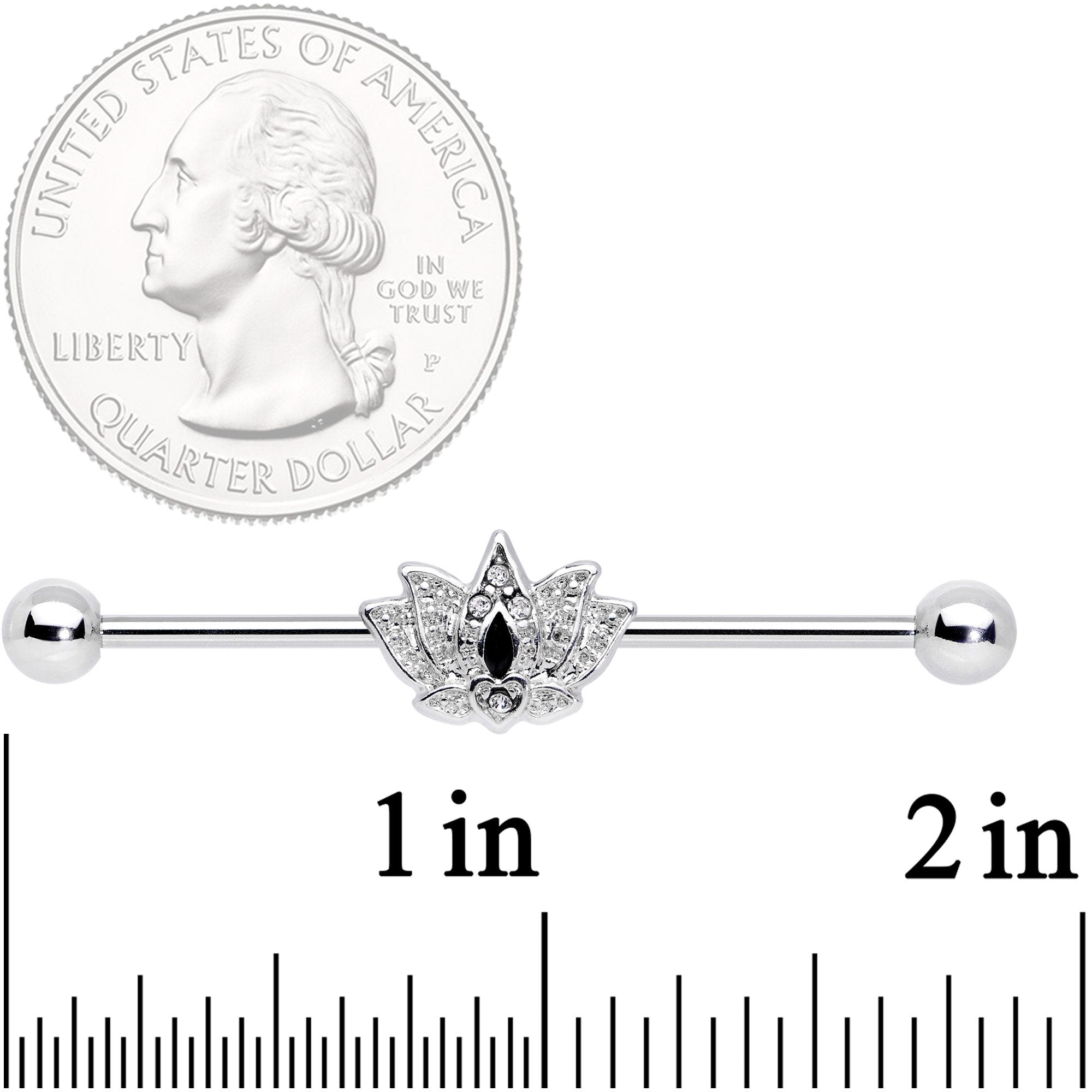 14G Clear Black Gem Crown Lotus Flower Industrial Barbell 38mm
