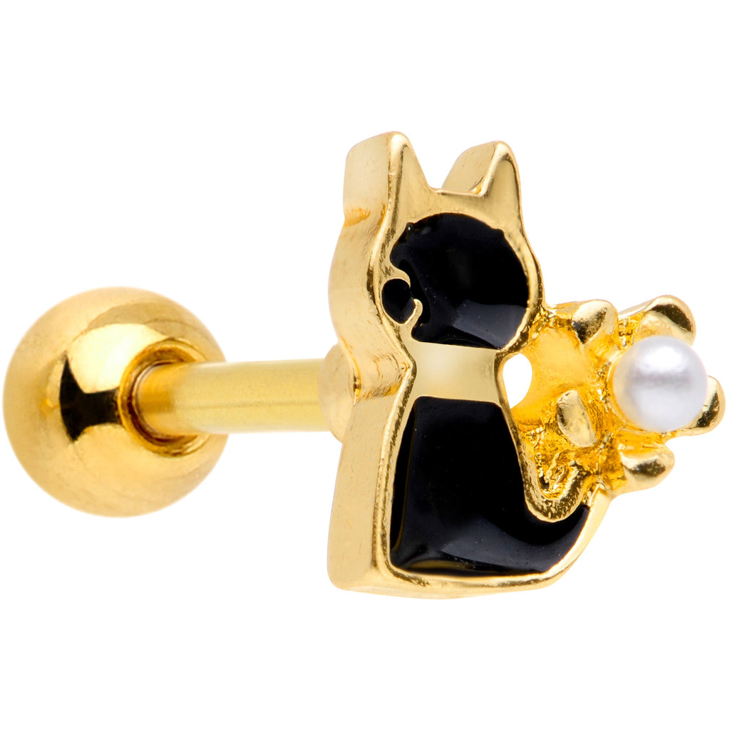 16G 1/4 Gold Tone Flower Black Cat Cartilage Tragus Earring