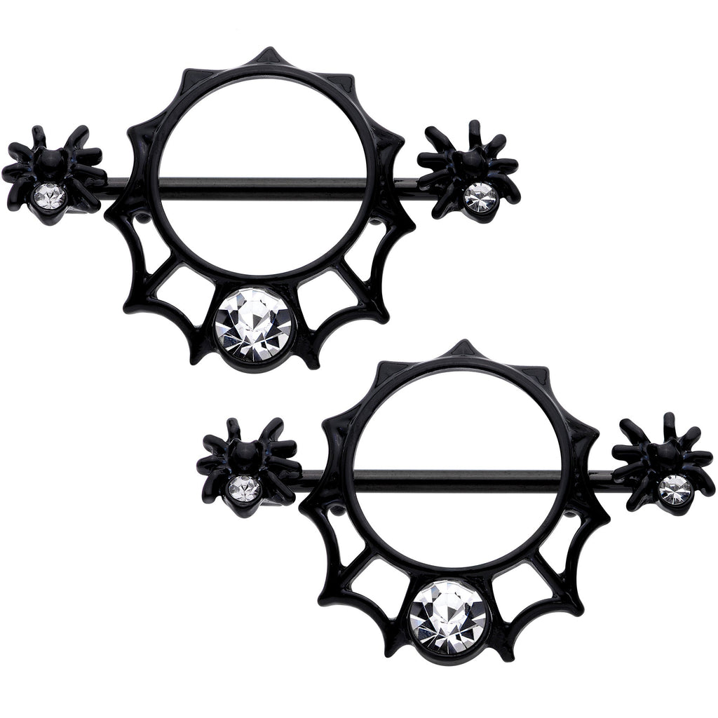14G 9/16 Clear Gem Black Spider Web Nipple Shield Set