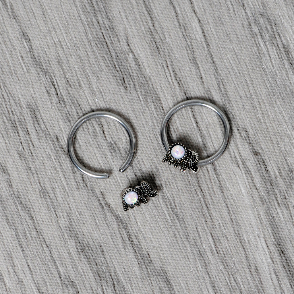 14G 1/2 White Faux Opal Elephant BCR Captive Nipple Ring Set