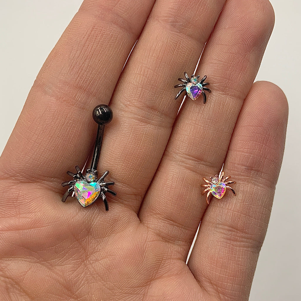 Aurora Gem Black Halloween Heart Spider Belly Ring