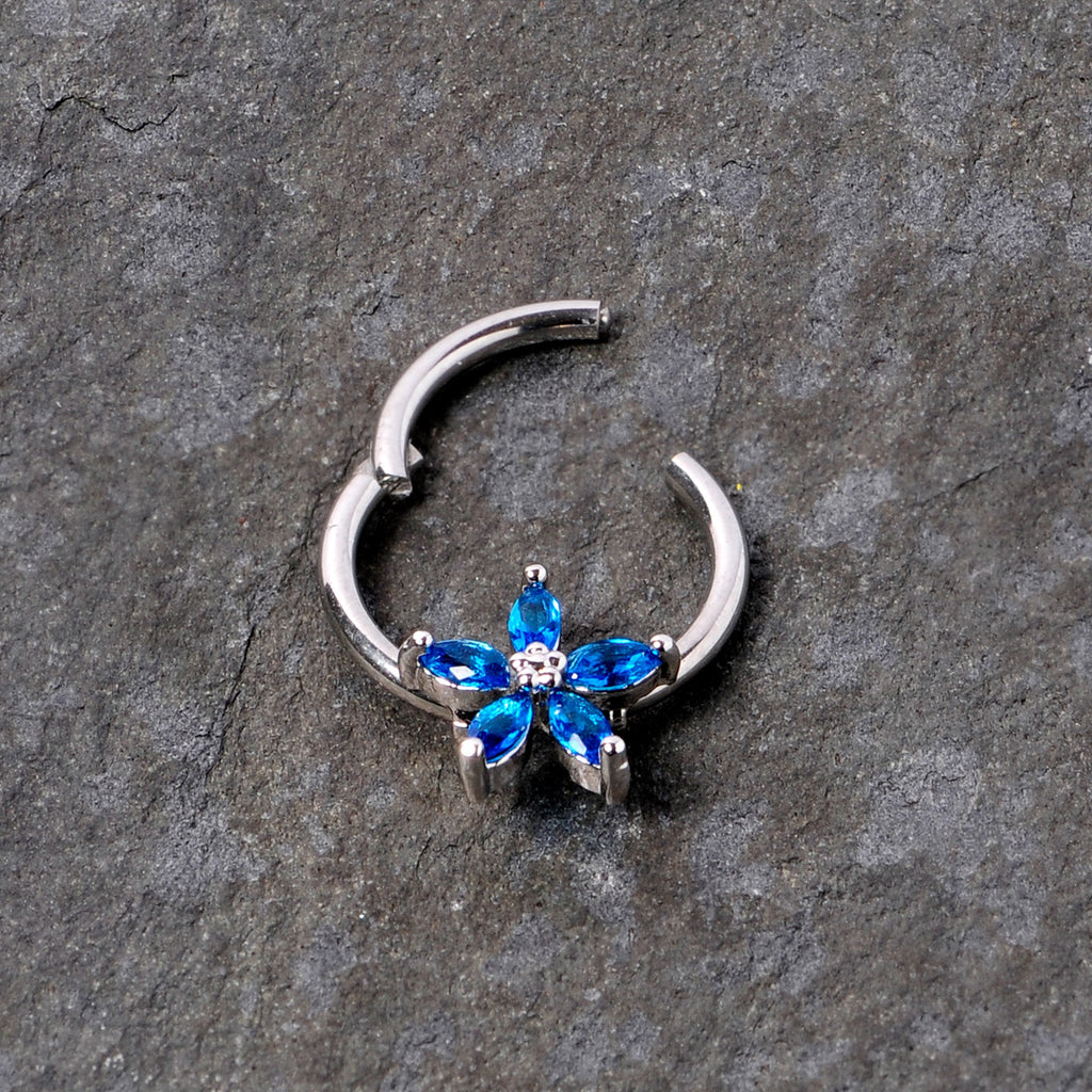 16G 3/8 Blue Gem Royal Flower Hinged Segment Ring