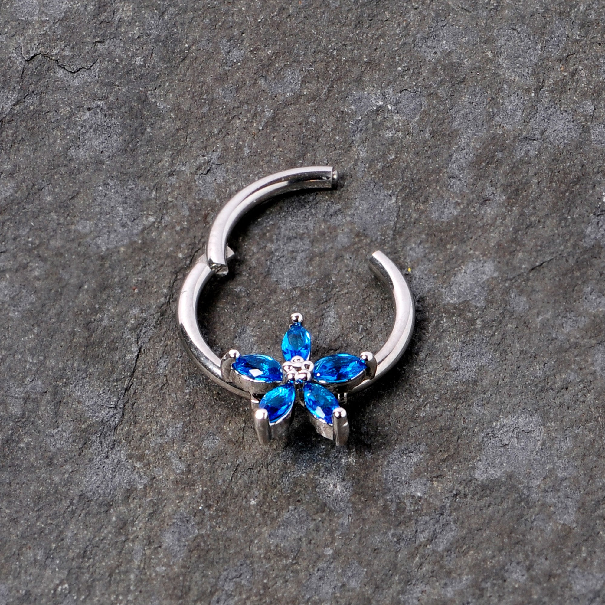 16G 3/8 Blue Gem Royal Flower Hinged Segment Ring