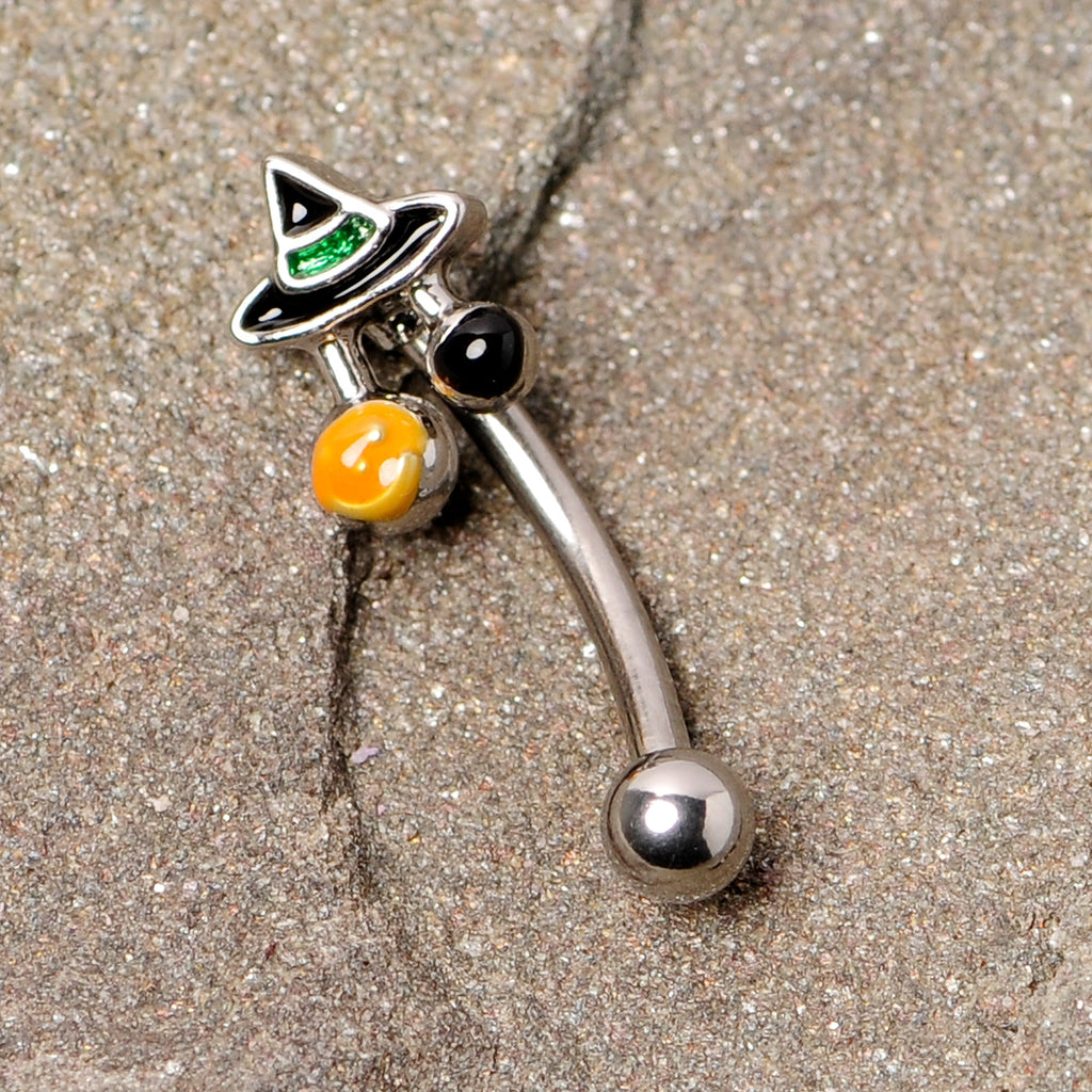 16G 5/16 Black Green Witches Hat Halloween Curved Eyebrow Ring