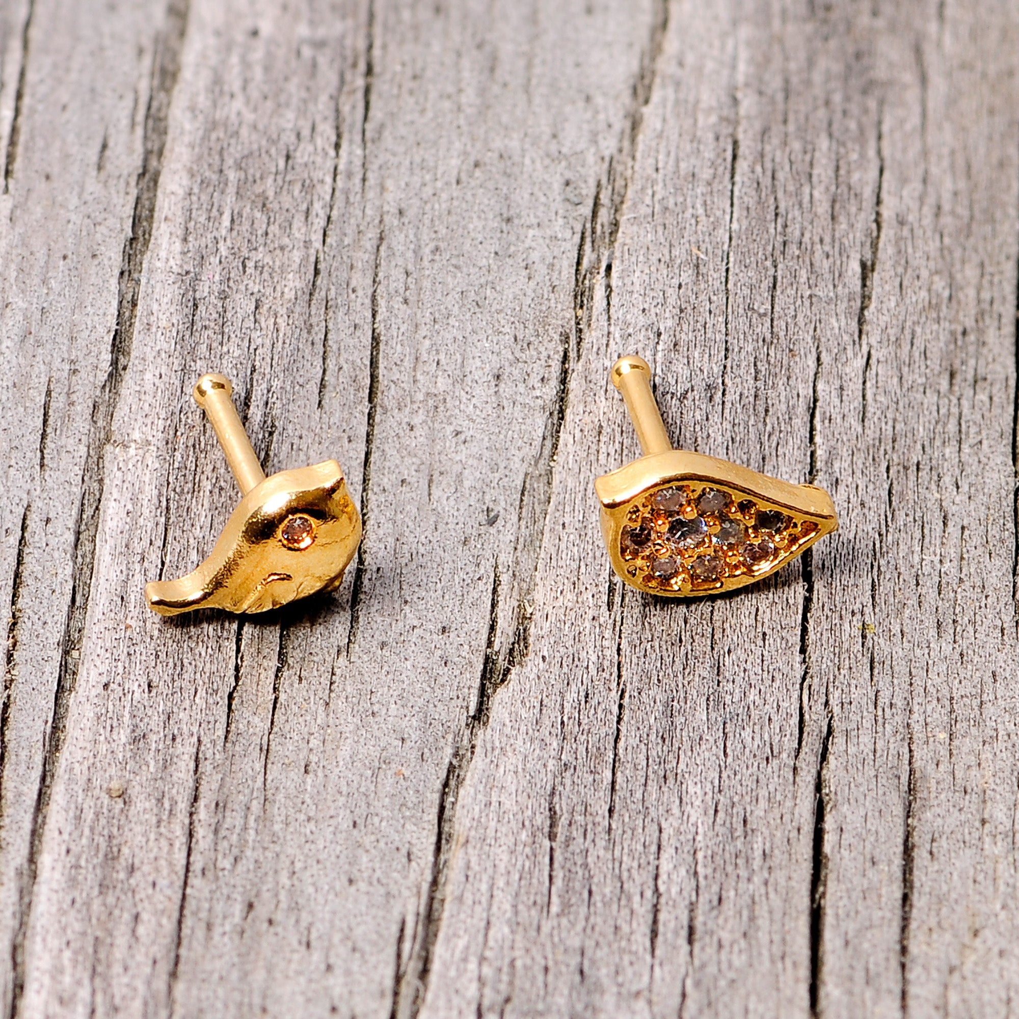 20G 1/4 Clear CZ Gem Gold Tone Little Birds Nose Bone Set of 2