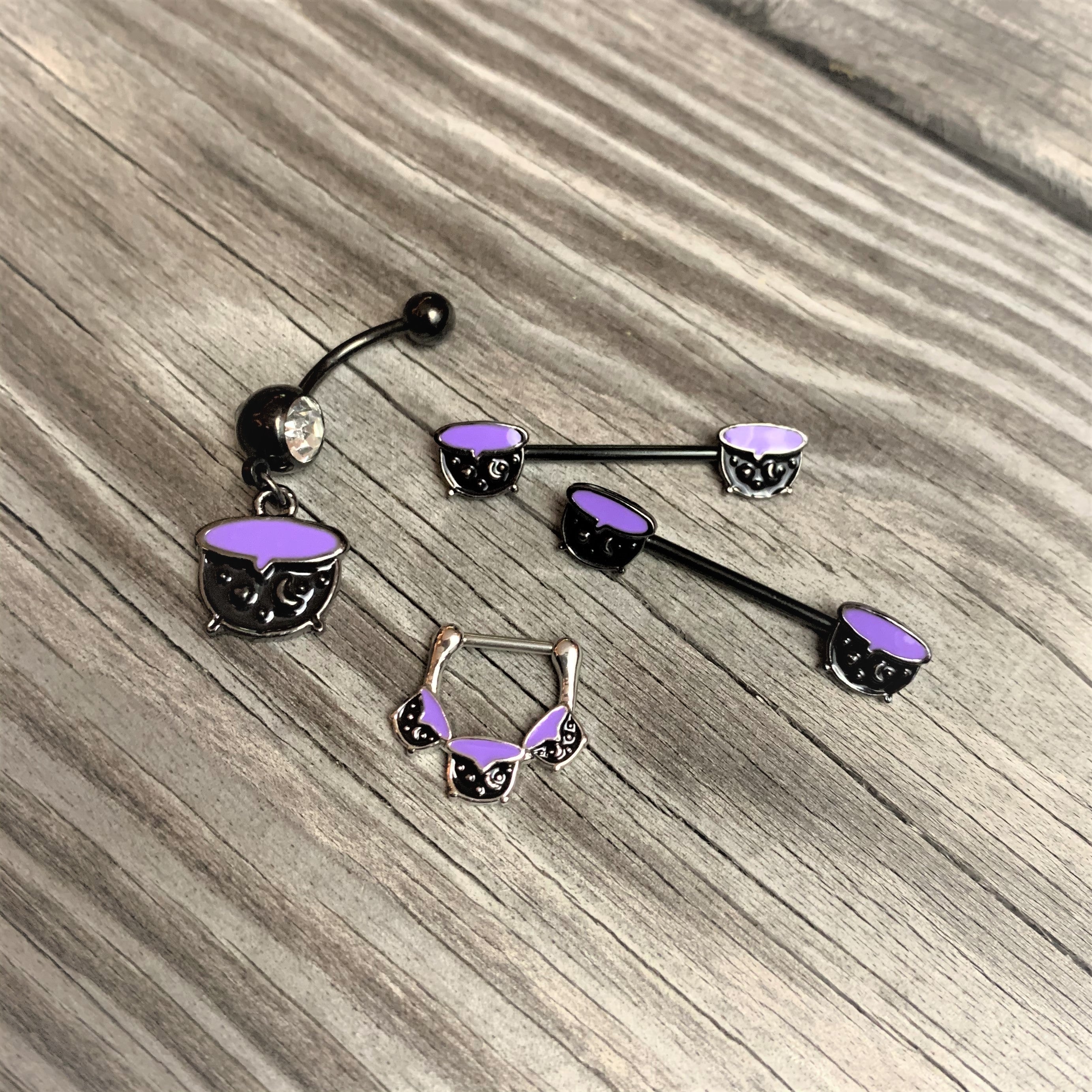 Clear Gem Black Purple Witch Cauldron Halloween Dangle Belly Ring