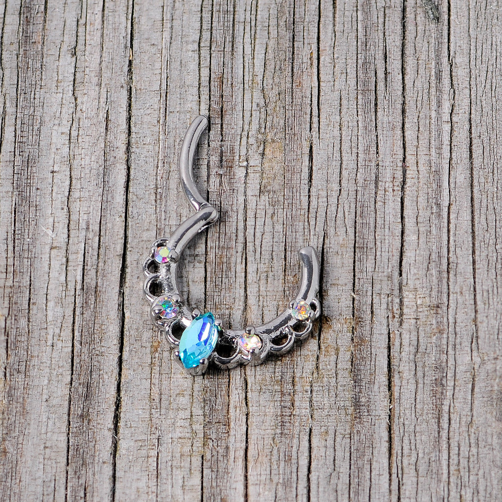 16G 3/8 Aurora Aqua CZ Gem Lacy Septum Clicker