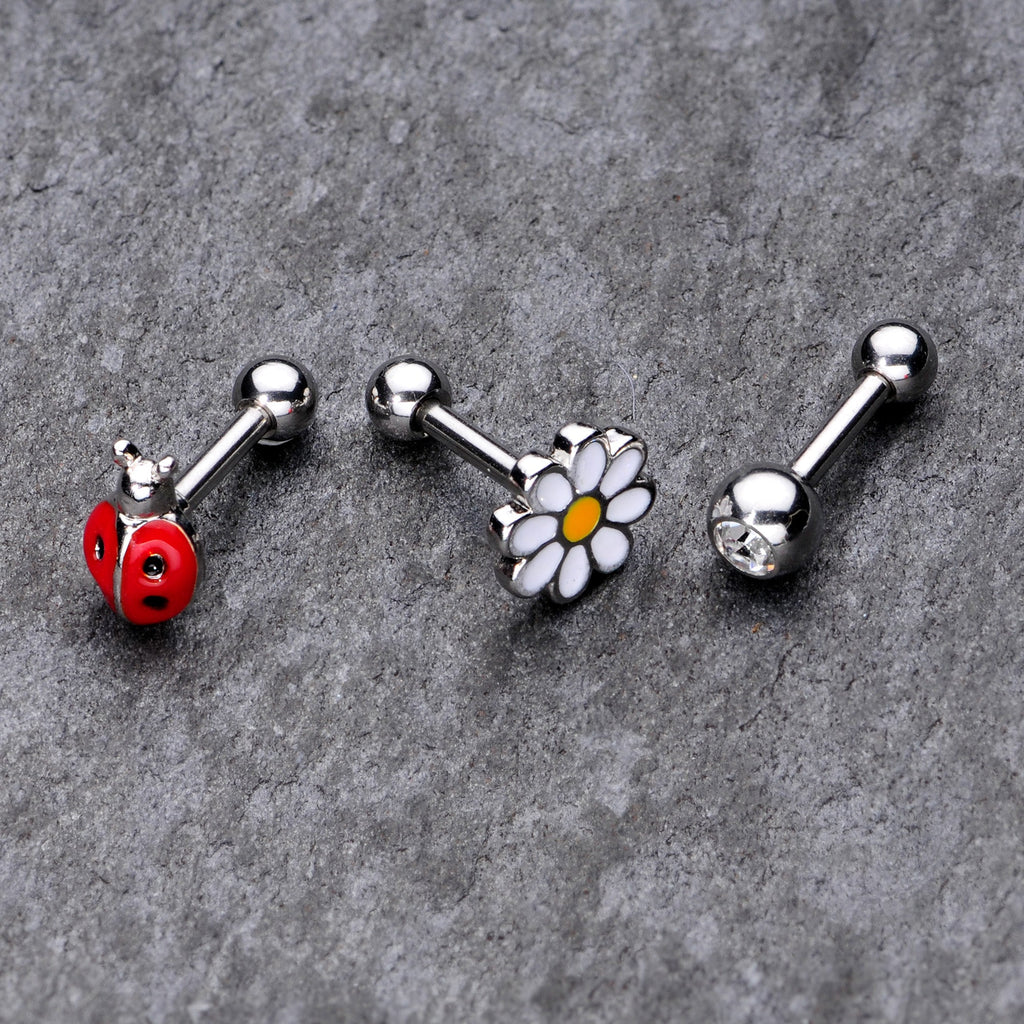 16G 1/4 Clear Gem Ladybug Cartilage Tragus Curation Set of 3