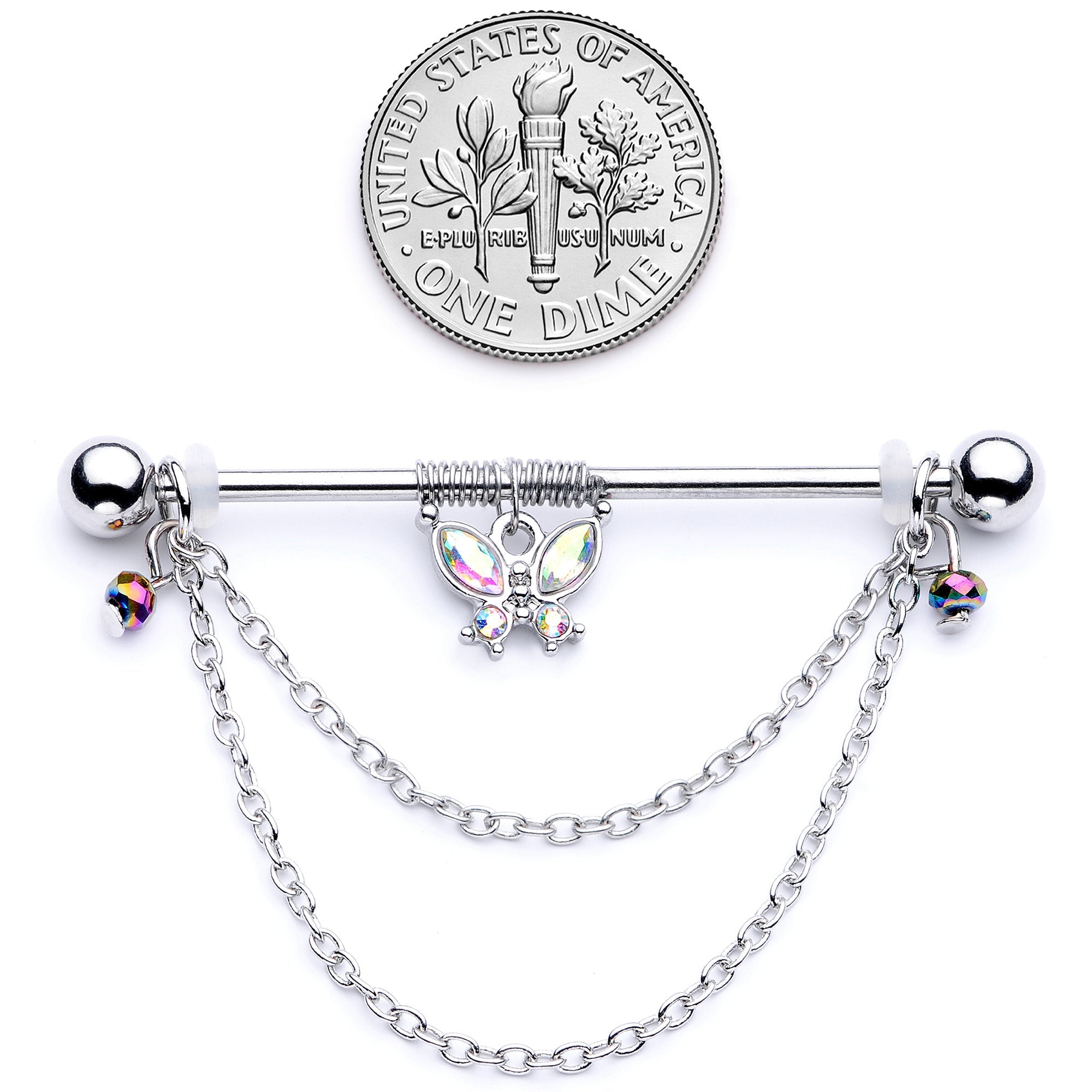 14G Aurora Gem Butterfly Chain Dangle Project Bar 38mm