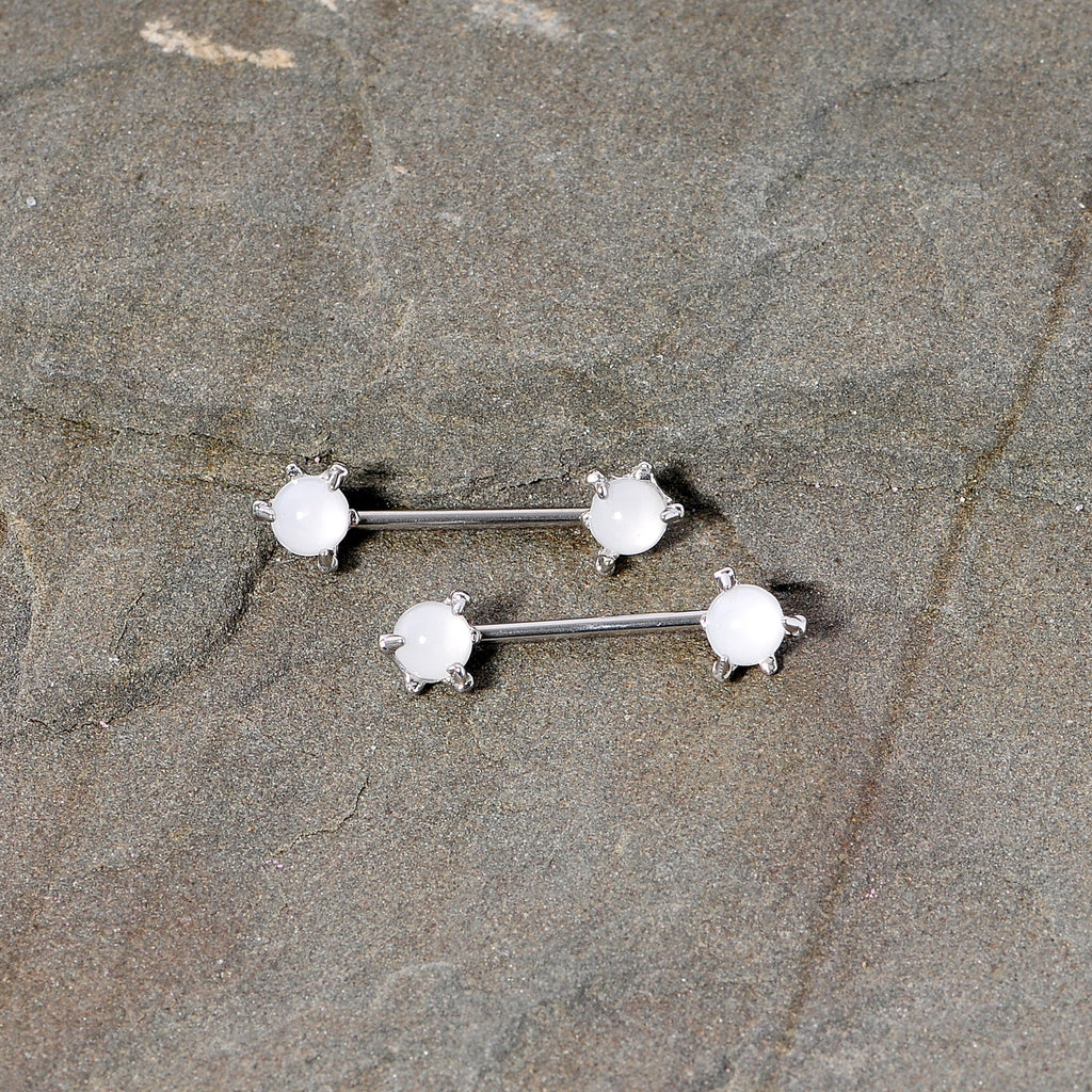 14G 5/8 White Faux Opal Dragon Claw Barbell Nipple Ring Set