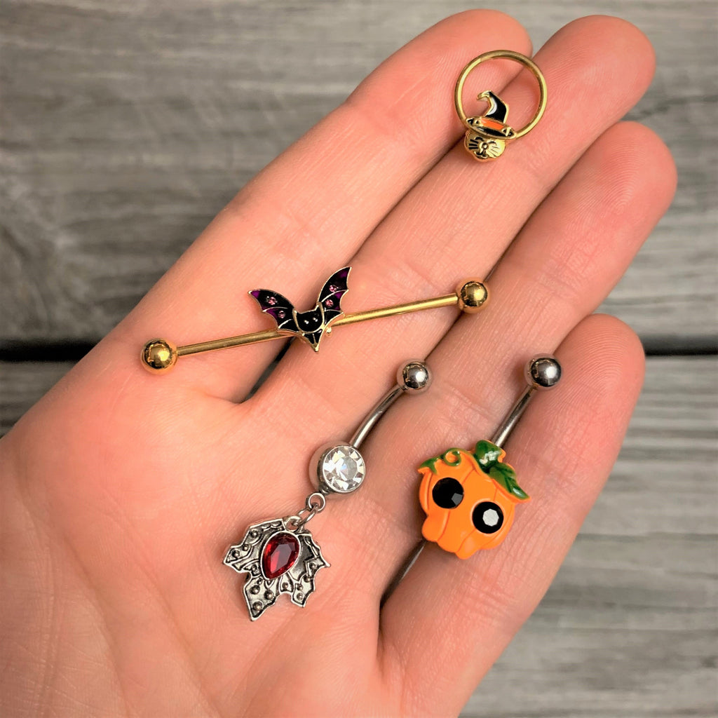 14G Pink Gem Gold Tone Vamp Bat Halloween Industrial Barbell 38mm