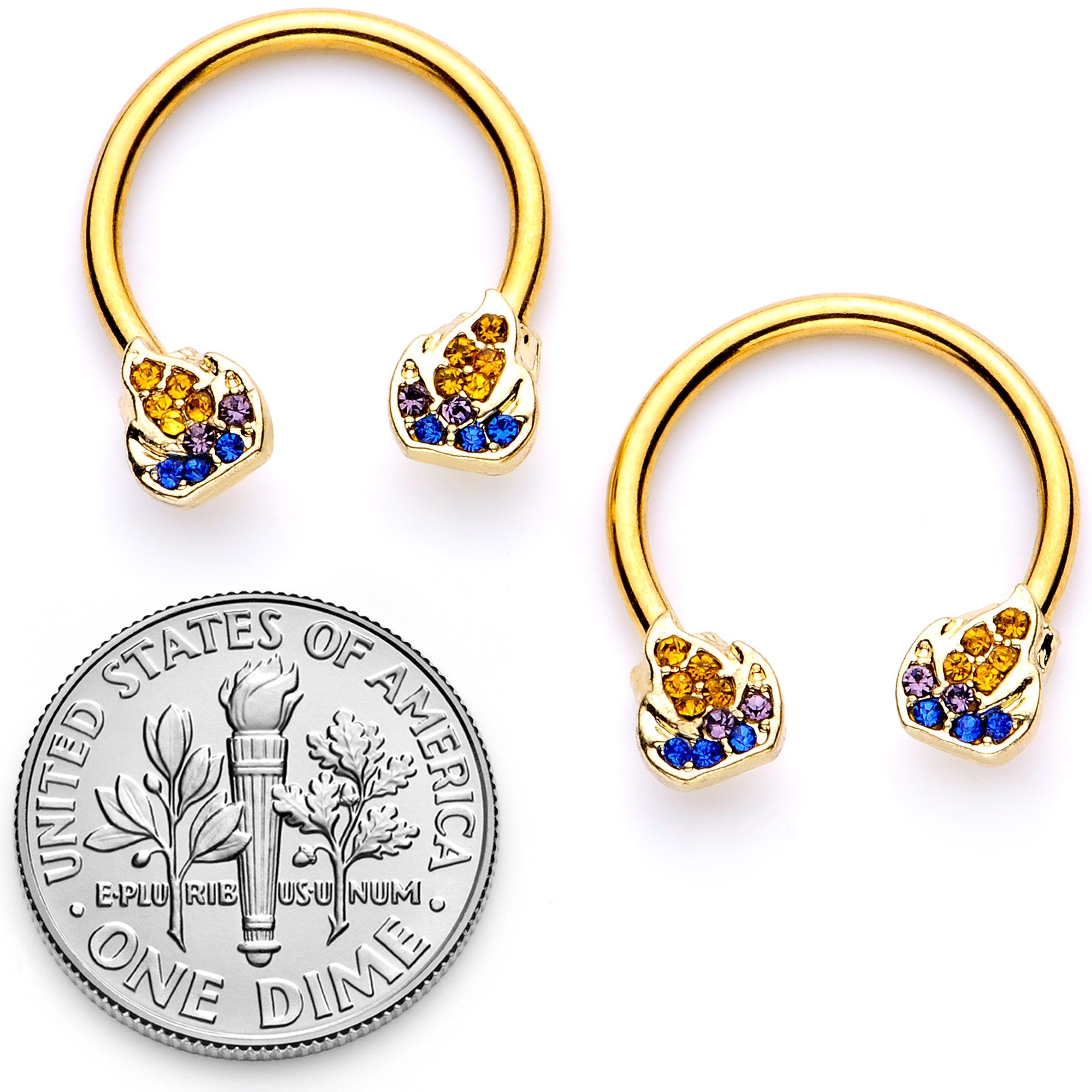 14G 1/2 Orange Gem Gold Tone Candle Horseshoe Nipple Ring Set
