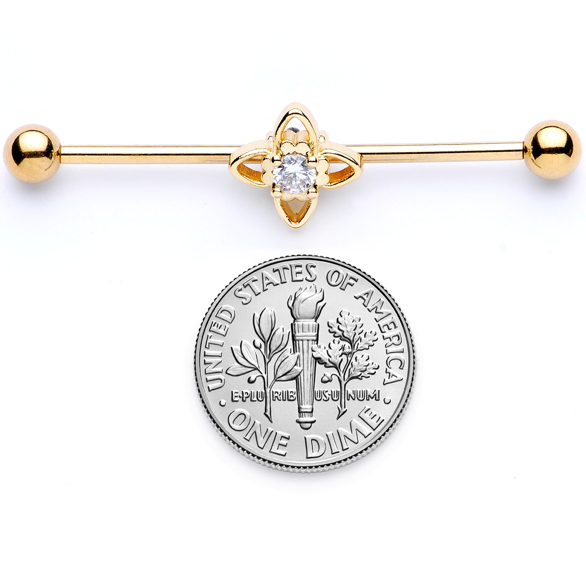 14G Clear CZ Gem Gold Tone Open Flower Industrial Barbell 38mm