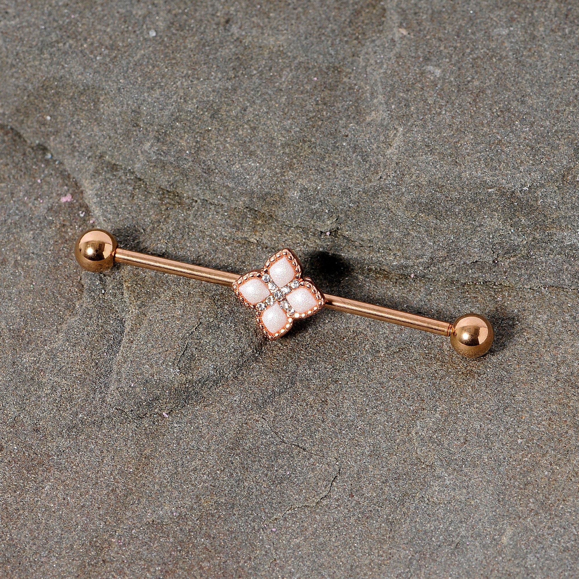 14G Clear Gem Rose Gold Tone Renaissance Industrial Barbell 38mm