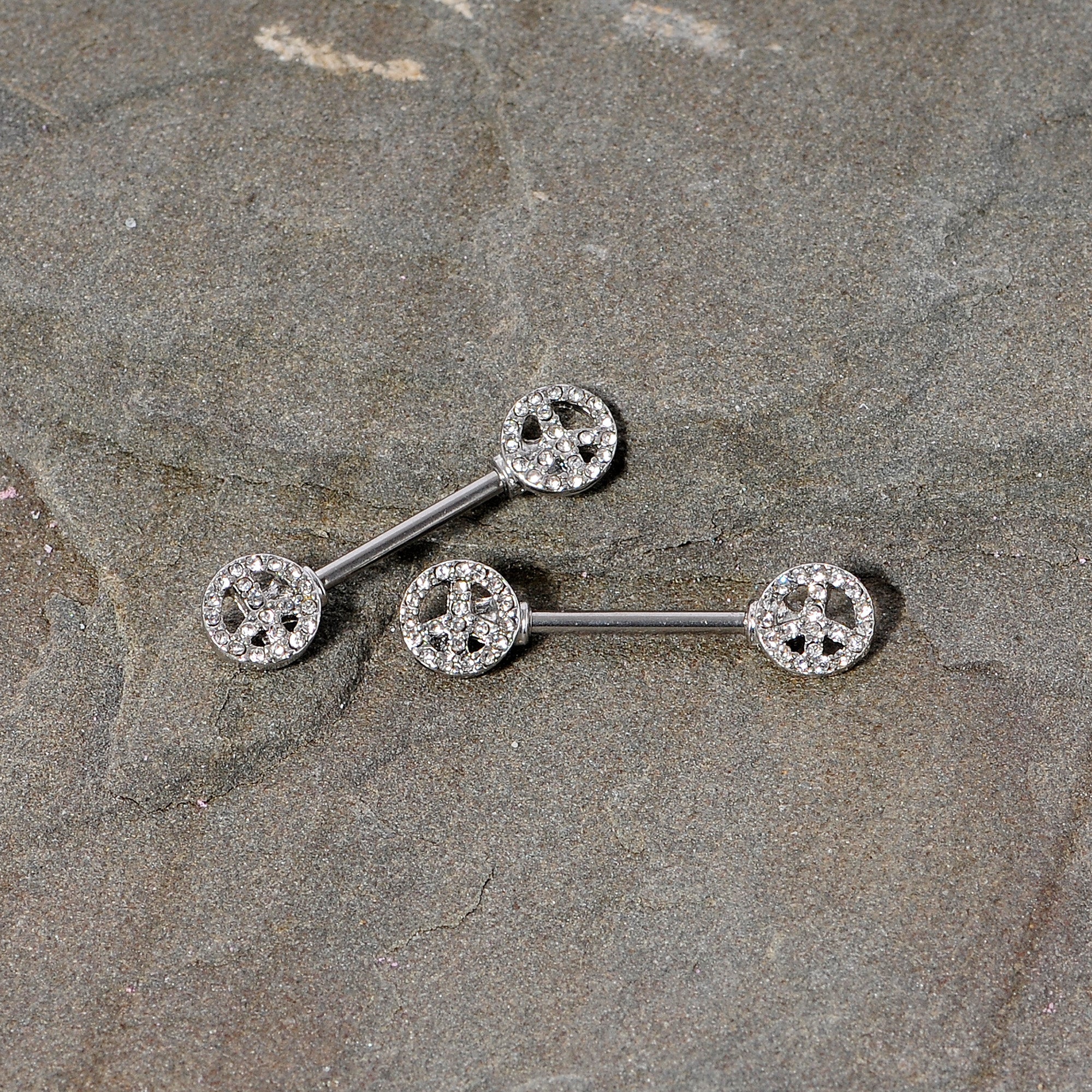 14G 9/16 Clear Gem Retro Peace Sign Barbell Nipple Ring Set
