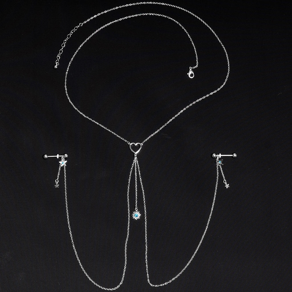 14G 5/8 Blue Gem Sun Heart Star Nipple Chain Necklace