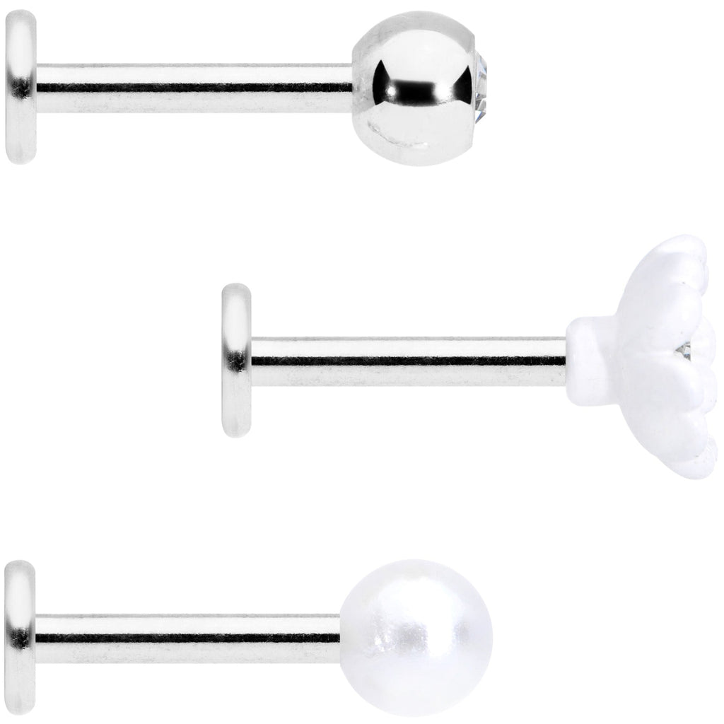16G 5/16 Clear Gem Flower Labret Tragus Set of 3