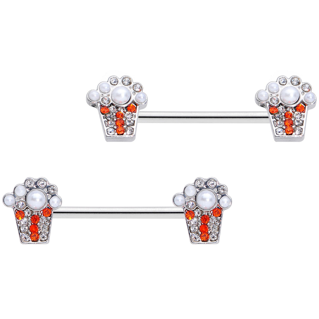 14G 9/16 White Orb Movie Night Popcorn Barbell Nipple Ring Set