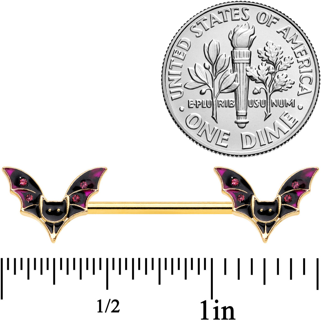 14G 9/16 Pink Gem Gold Tone Bat Halloween Barbell Nipple Ring Set