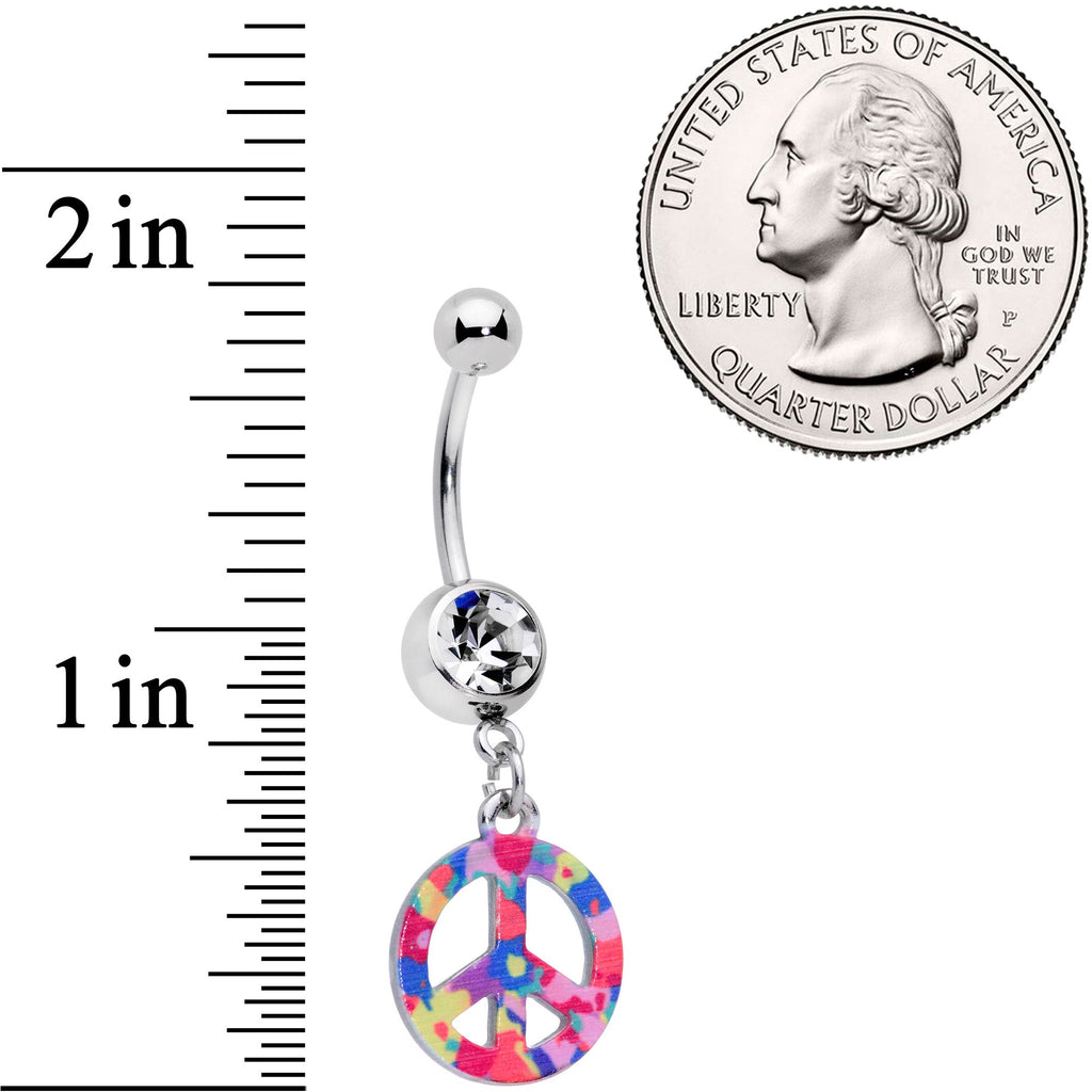 Clear Gem Hippie Rainbow Peace Sign Dangle Belly Ring