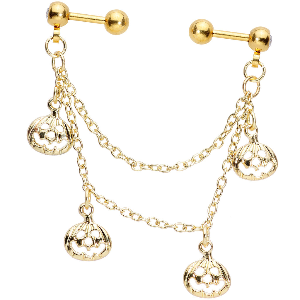 16G 1/4 Clear Gem Gold Tone Pumpkin Cartilage Chain Earring