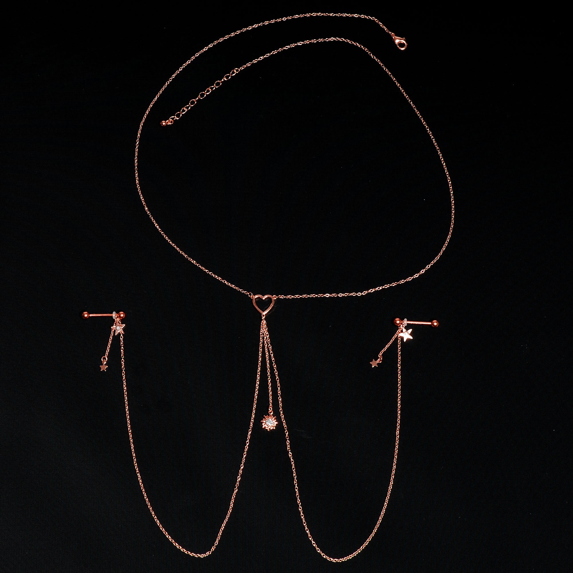 14G 5/8 Clear Gem Rose Gold Hue Star Sun Nipple Chain Necklace