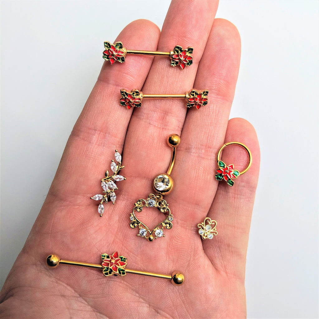 14G Gold Tone PVD Poinsettia Christmas Industrial Barbell 38mm