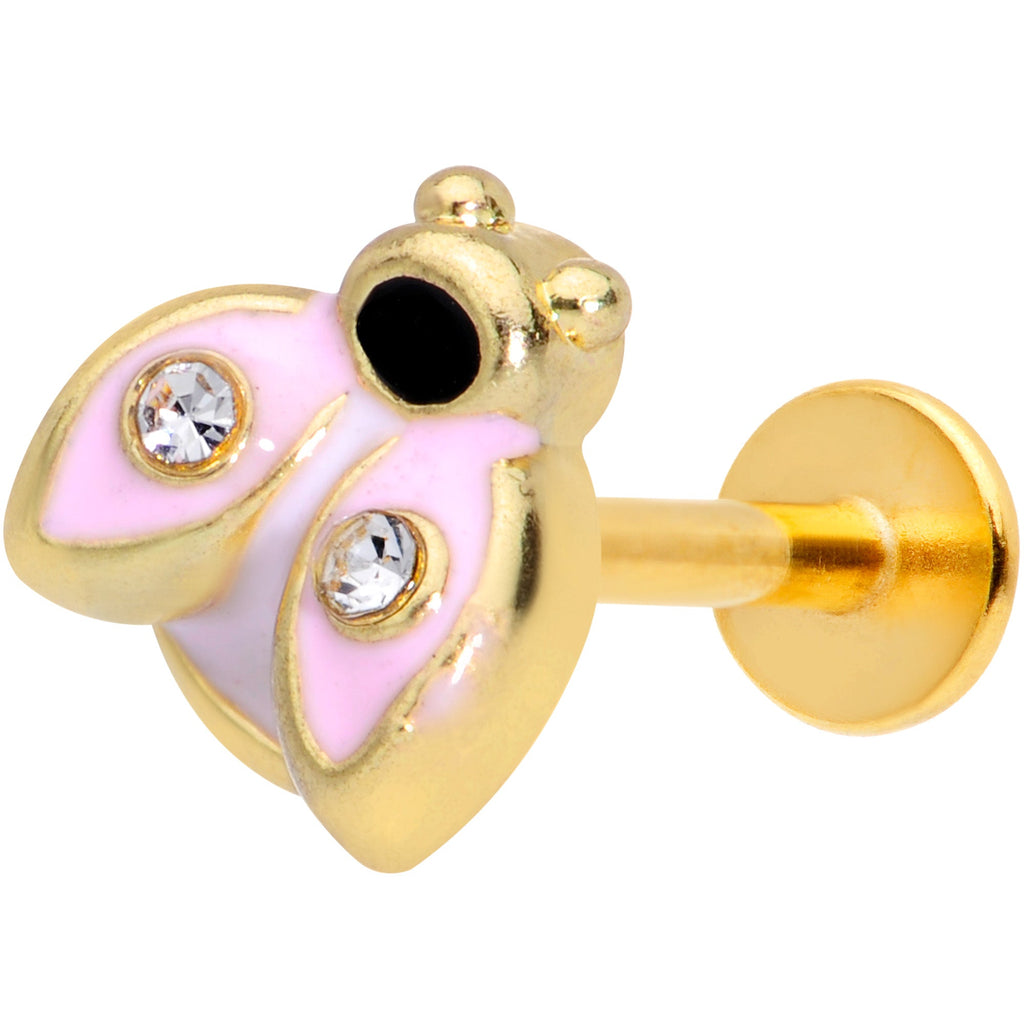 16G 5/16 Clear Gem Gold Tone Pink Ladybug Labret Monroe Tragus