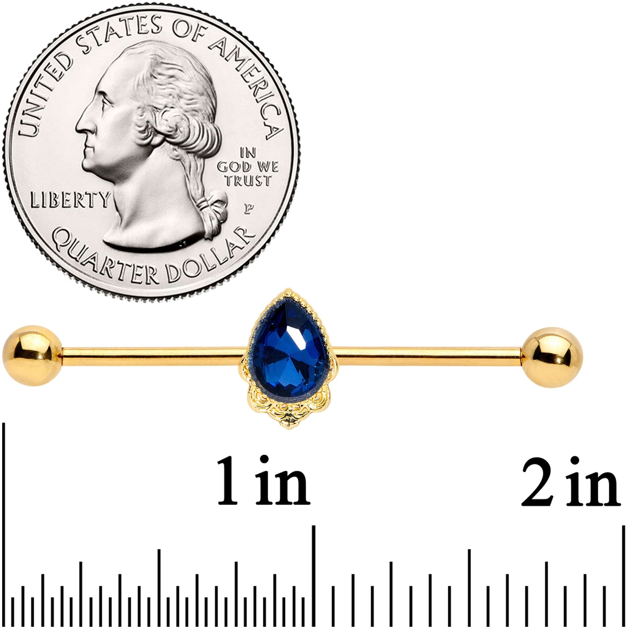 14G Blue Gem Gold Tone Noble Drop Industrial Barbell 38mm