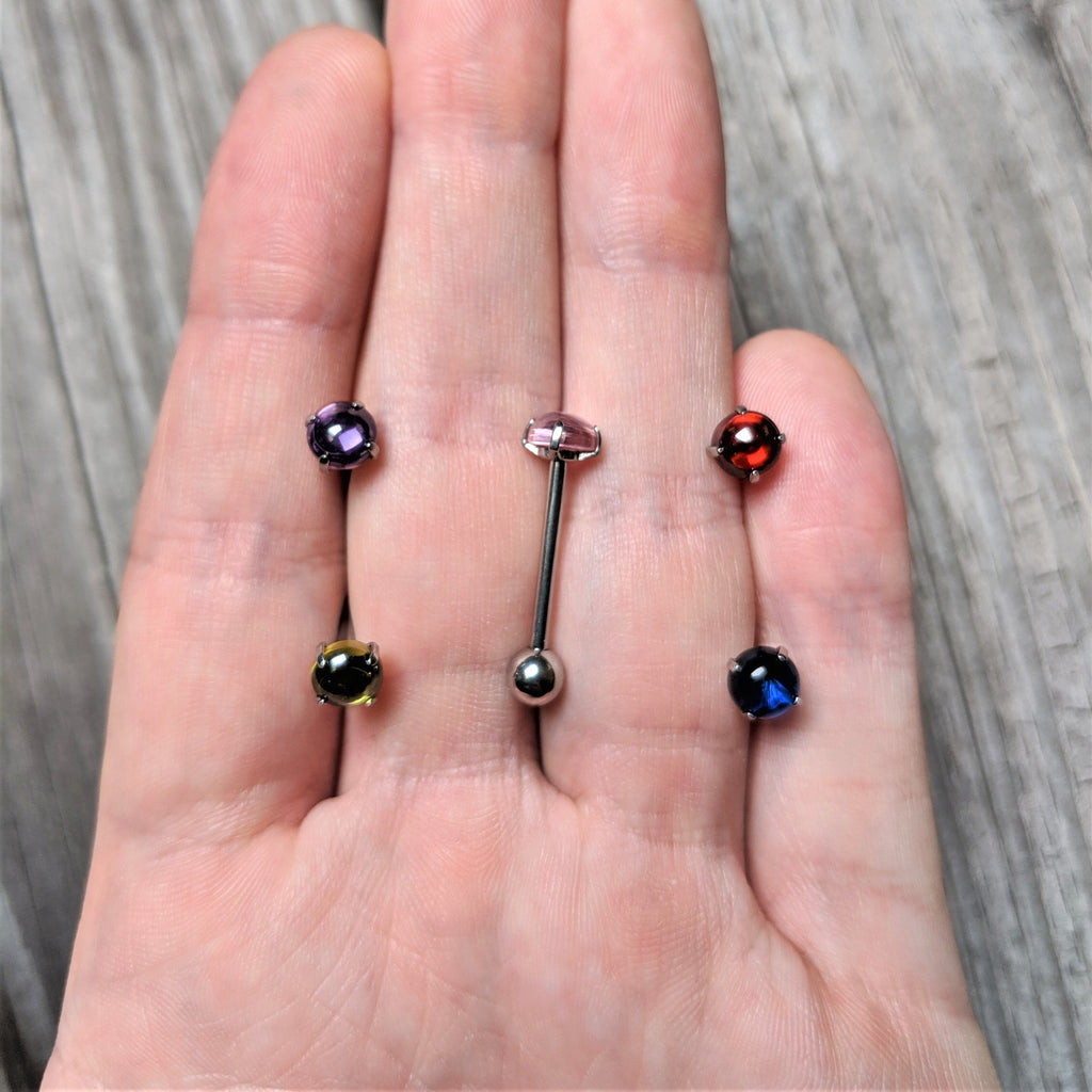 Blue CZ Gem Smooth Hemisphere Barbell Tongue Ring