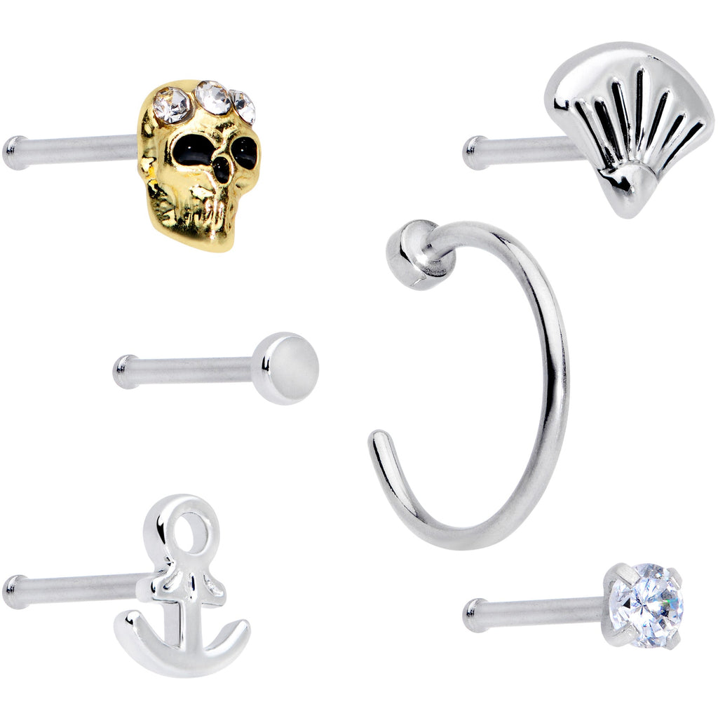 20G 1/4 5/16 Clear CZ Gem Shell Nautical Hoop Nose Bone Set of 6